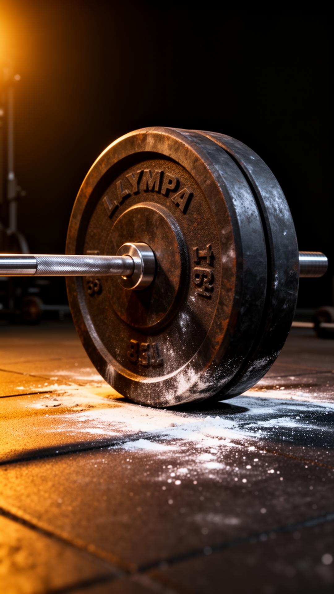 Loaded olympic barbell with iron plates and chalk dust on the gym floor